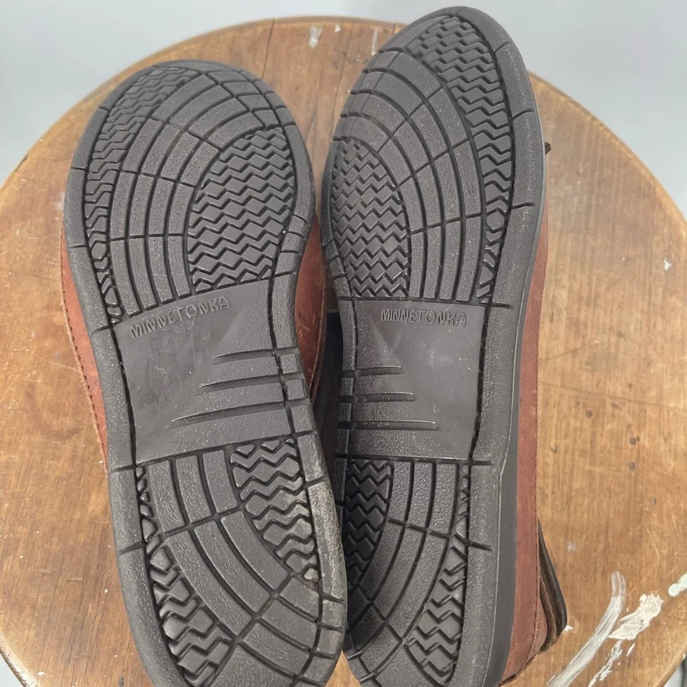 Minnetonka Rich Brown Leather Slip-Ons